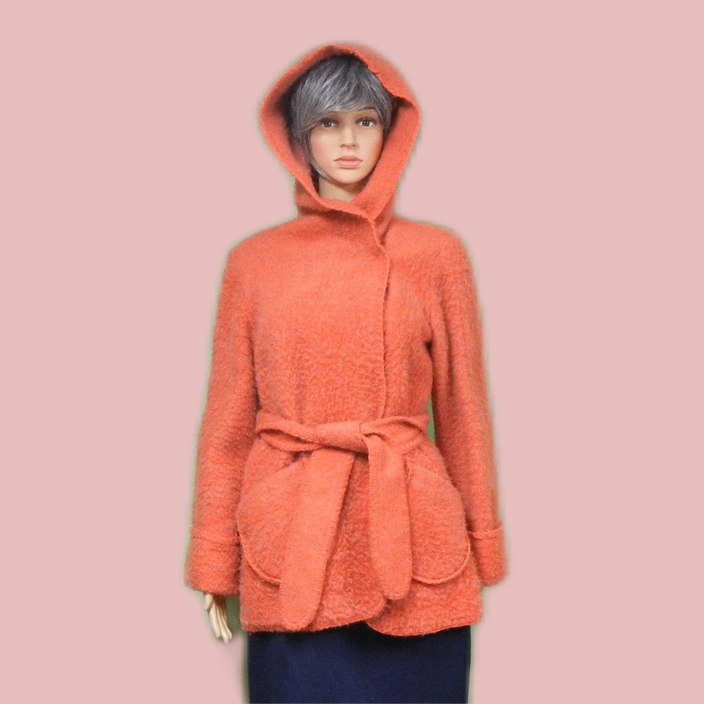 Vintage Handmade Hooded, Belted Jacket ~ Orange Fuzzy Fabric ~ Washable